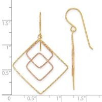 Two-tone gold dangle earrings with nested diamond shapes, shown against a measurement scale indicating approximately 1.5 inches in length.