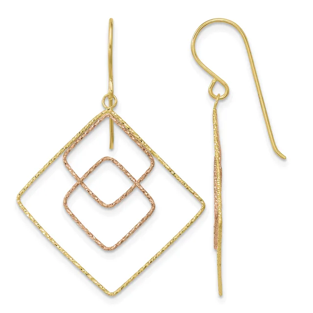 Pair of gold dangle earrings featuring nested diamond-shaped frames in yellow and rose gold tones suspended from curved ear wires.