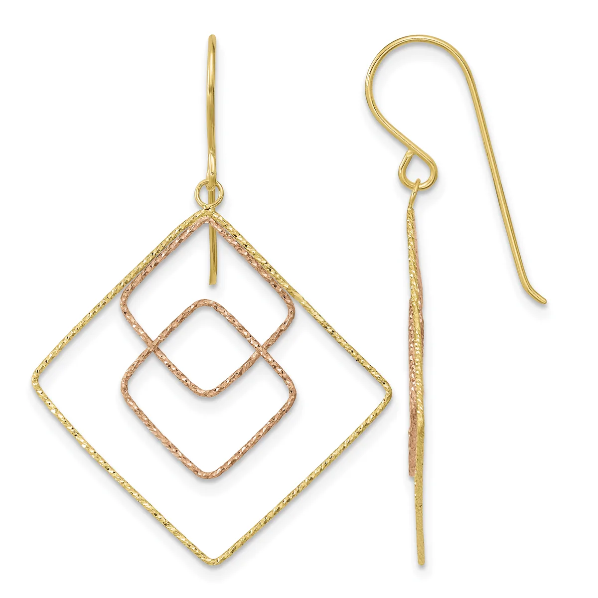 Pair of gold dangle earrings featuring nested diamond-shaped frames in yellow and rose gold tones suspended from curved ear wires.