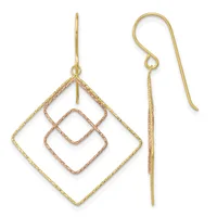 Pair of gold dangle earrings featuring nested diamond-shaped frames in yellow and rose gold tones suspended from curved ear wires.