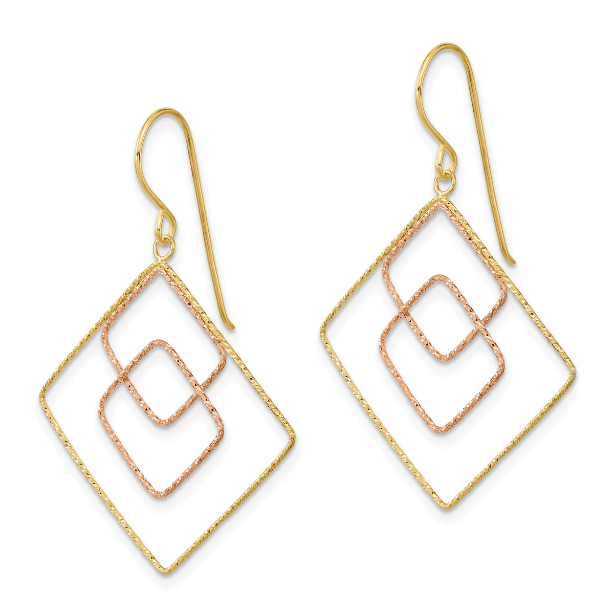 Pair of dangling earrings with nested diamond shapes in gold and rose gold tones, suspended from gold ear wires.