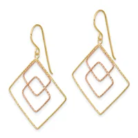 Pair of dangling earrings with nested diamond shapes in gold and rose gold tones, suspended from gold ear wires.