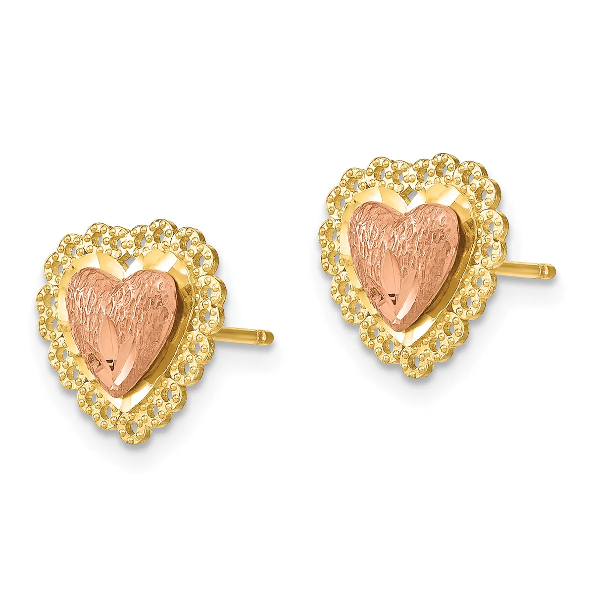 Pair of heart-shaped stud earrings with rose gold textured centers surrounded by yellow diamond halos on gold posts.
