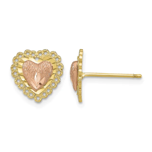 Pair of heart-shaped stud earrings with rose gold textured centers surrounded by yellow gold scalloped frames set with small diamonds, shown from front and side views.