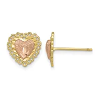 Pair of heart-shaped stud earrings with rose gold textured centers surrounded by yellow gold scalloped frames set with small diamonds, shown from front and side views.