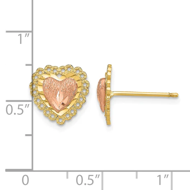 Pair of heart-shaped stud earrings with rose gold textured centers surrounded by yellow gold settings studded with small round crystals, shown with a measurement scale.