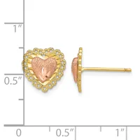 Pair of heart-shaped stud earrings with rose gold textured centers surrounded by yellow gold settings studded with small round crystals, shown with a measurement scale.