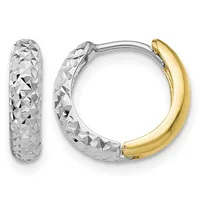A pair of chunky hoop earrings with textured white metal on one side and polished yellow metal on the other, shown from the front and side angles.