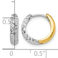 Two-tone hoop earrings with textured silver outer surface and polished gold inner curve, shown with measurement scale indicating approximately 0.5 inch diameter.