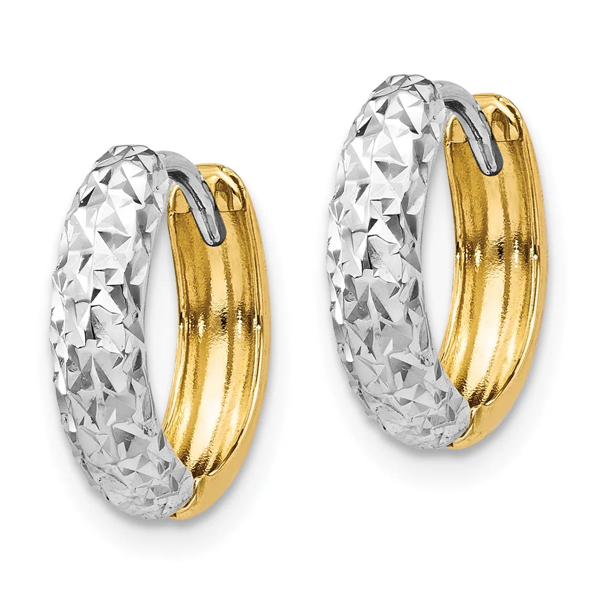 A pair of chunky two-tone hoop earrings with textured white metal outer surfaces and polished yellow metal inner surfaces.
