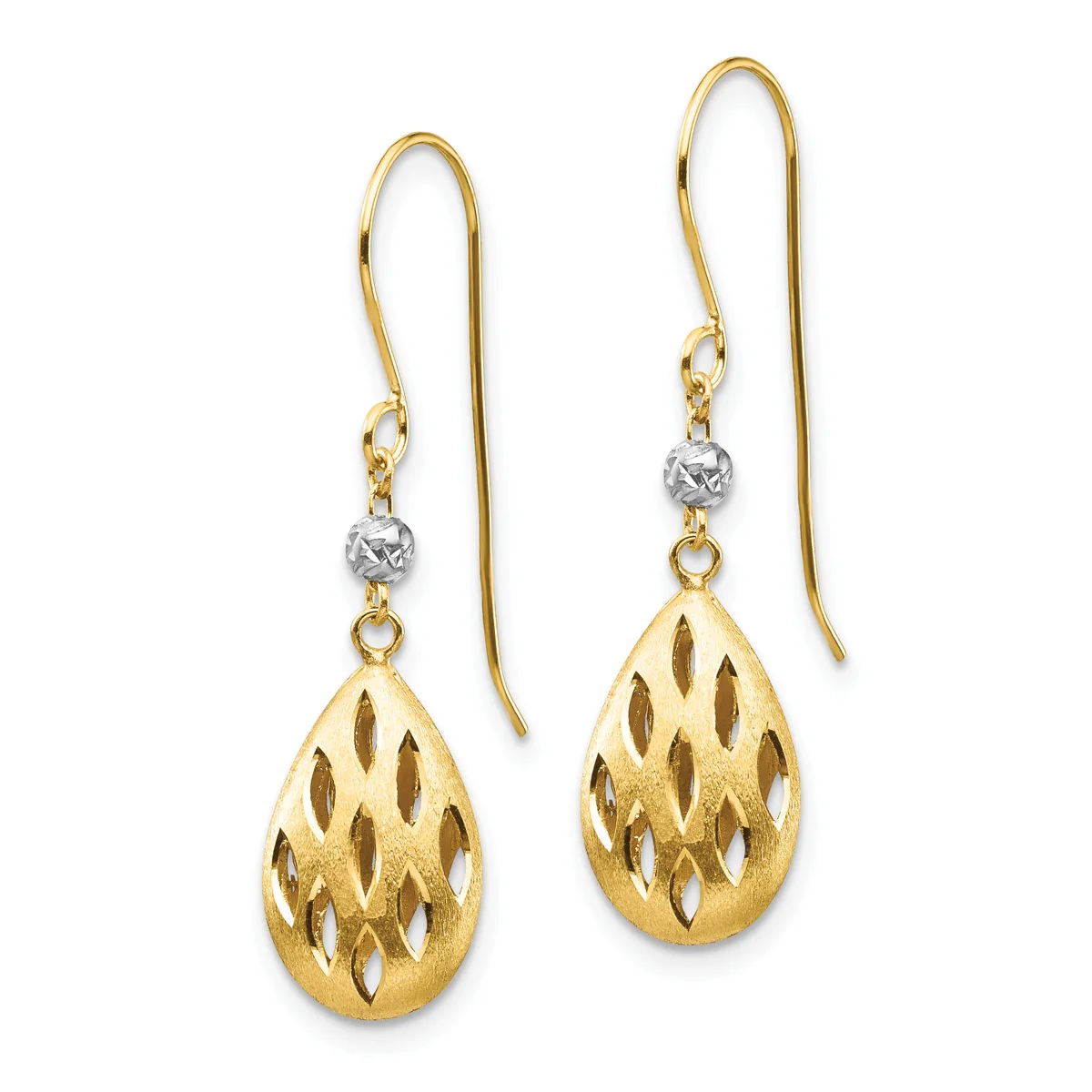 Pair of gold teardrop earrings with cutout leaf pattern details and small diamond accent beads, suspended from gold shepherd's hook wires.