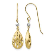 A pair of gold teardrop earrings with cutout leaf patterns, each suspended from a small textured silver bead on a gold ear wire.