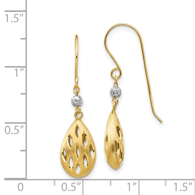 Gold teardrop earrings with cutout leaf pattern, featuring small round crystal or diamond accents, displayed against a measurement scale showing approximately one inch in length.
