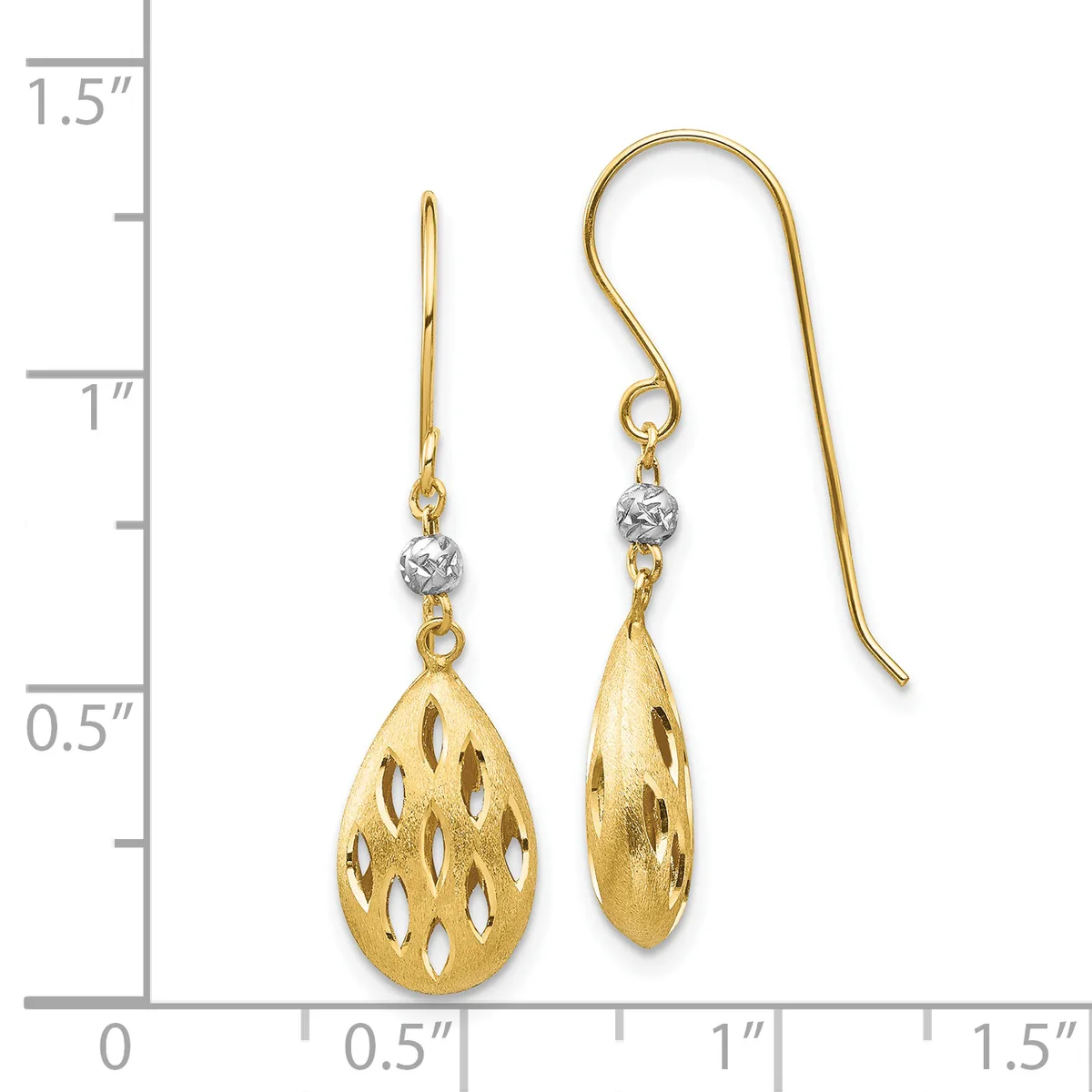 Gold teardrop earrings with cutout leaf pattern, featuring small round crystal or diamond accents, displayed against a measurement scale showing approximately one inch in length.