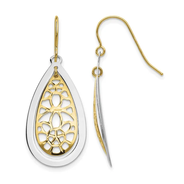 A pair of two-tone gold and silver teardrop earrings with filigree cutout patterns, shown from front and side views with French wire hooks.