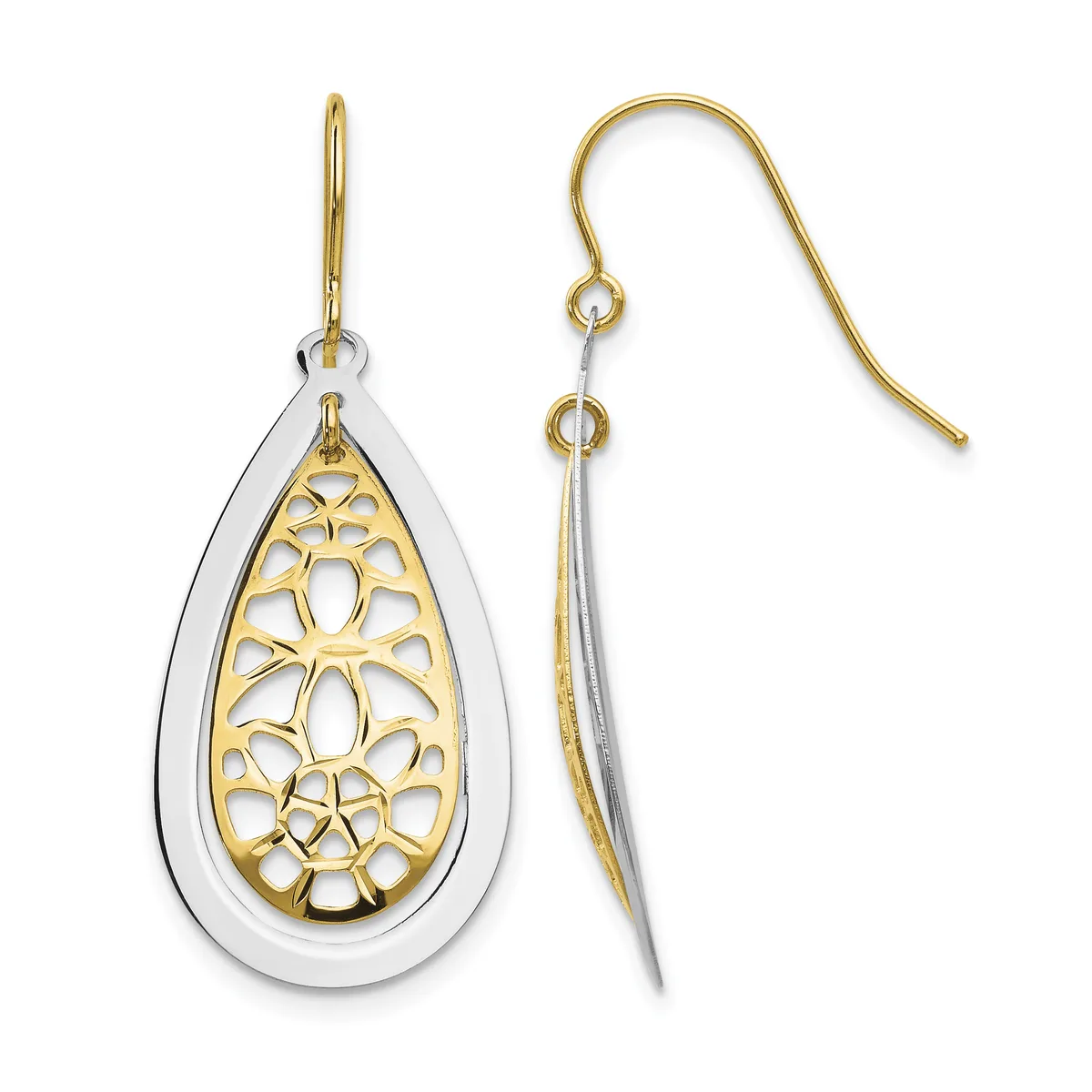 A pair of two-tone gold and silver teardrop earrings with filigree cutout patterns, shown from front and side views with French wire hooks.