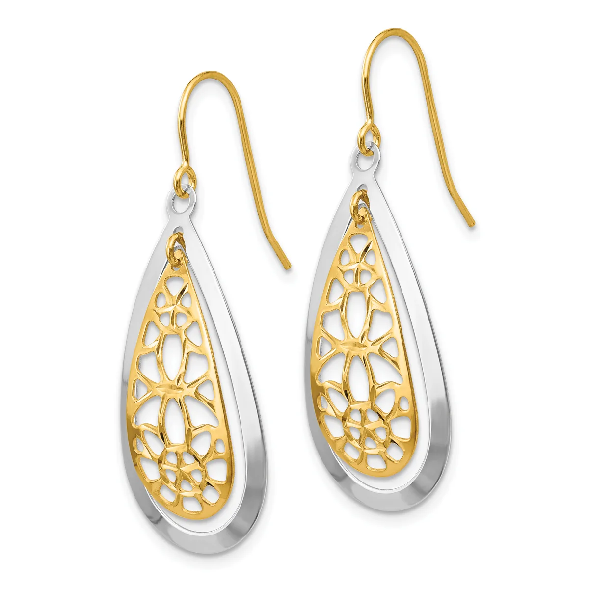 A pair of teardrop-shaped earrings with gold filigree designs inside silver outer frames, suspended from gold shepherd's hook wires.