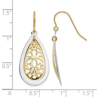 Two-tone teardrop earrings with filigree floral design in gold and silver, shown with measurement scale indicating approximately one inch in length.