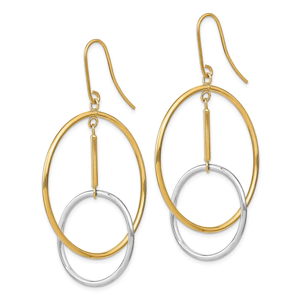 A pair of two-tone dangle earrings with gold oval outlines suspended over silver ovals, hanging from gold ear wires.