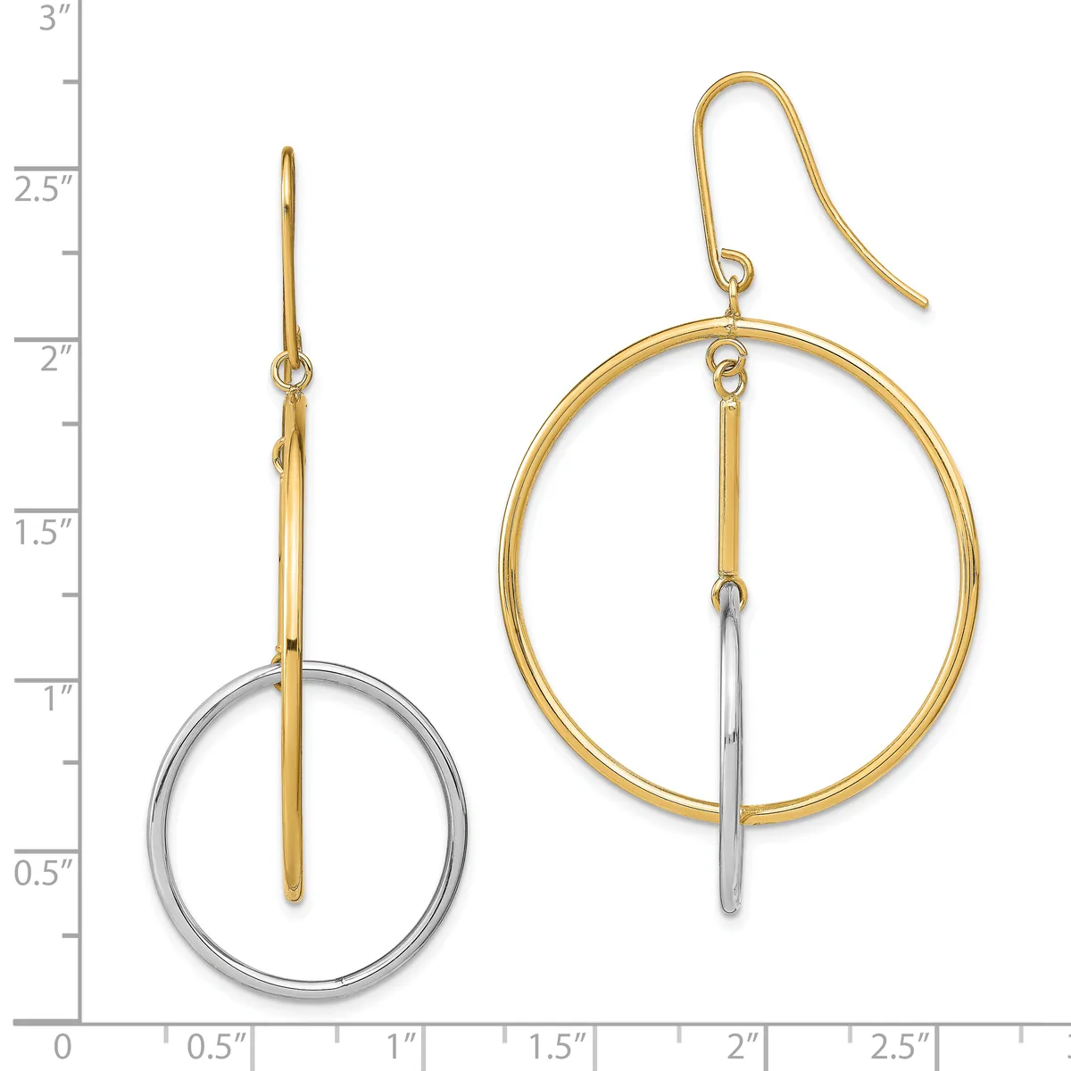 Two-tone circular dangle earrings with gold outer rings and silver vertical bars, shown at actual size on a measurement scale.