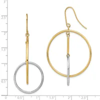 Two-tone circular dangle earrings with gold outer rings and silver vertical bars, shown at actual size on a measurement scale.