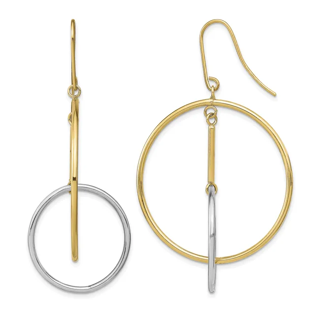 A pair of two-tone dangle earrings with gold outer circles and silver inner vertical bars, shown from front and side views.