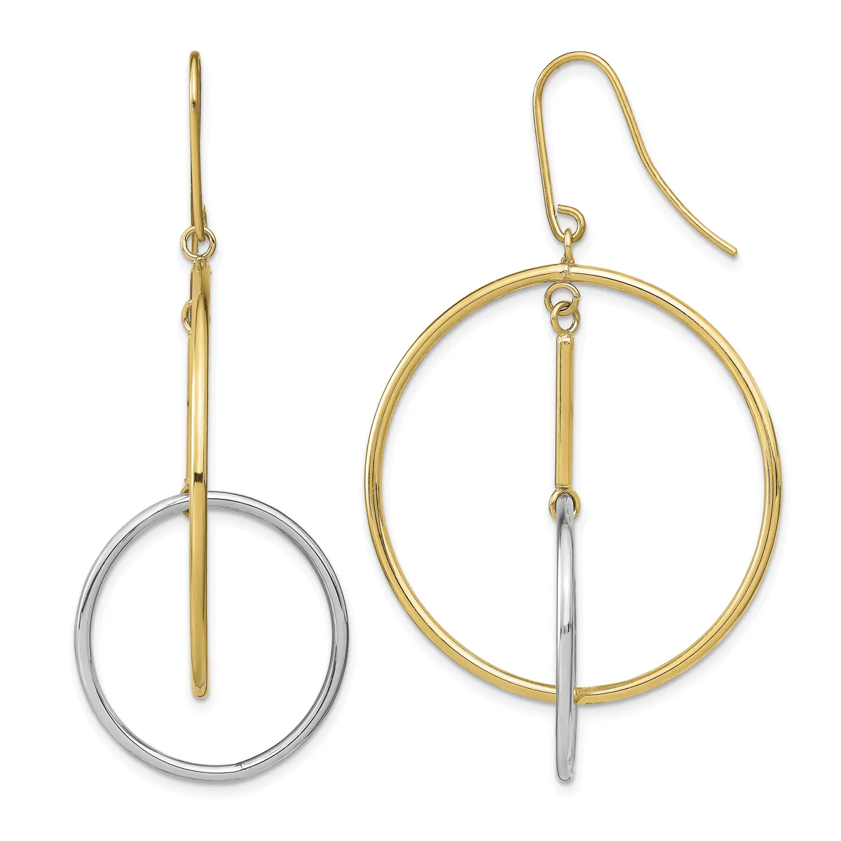 A pair of two-tone dangle earrings with gold outer circles and silver inner vertical bars, shown from front and side views.
