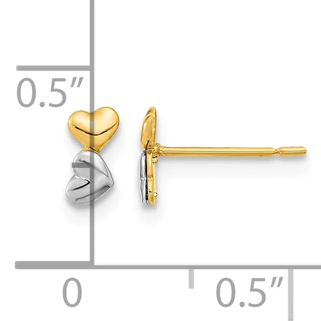 Pair of two-tone gold stud earrings with polished heart tops and textured teardrop bottoms, shown at actual size of approximately 0.5 inches.