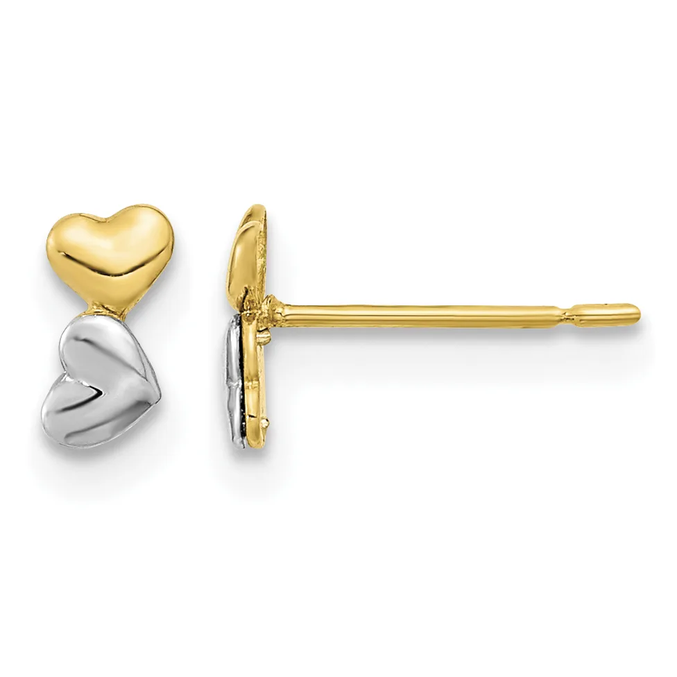 Pair of stud earrings with two-tone gold and silver puffy heart charms stacked vertically on gold posts, shown from front and side views.