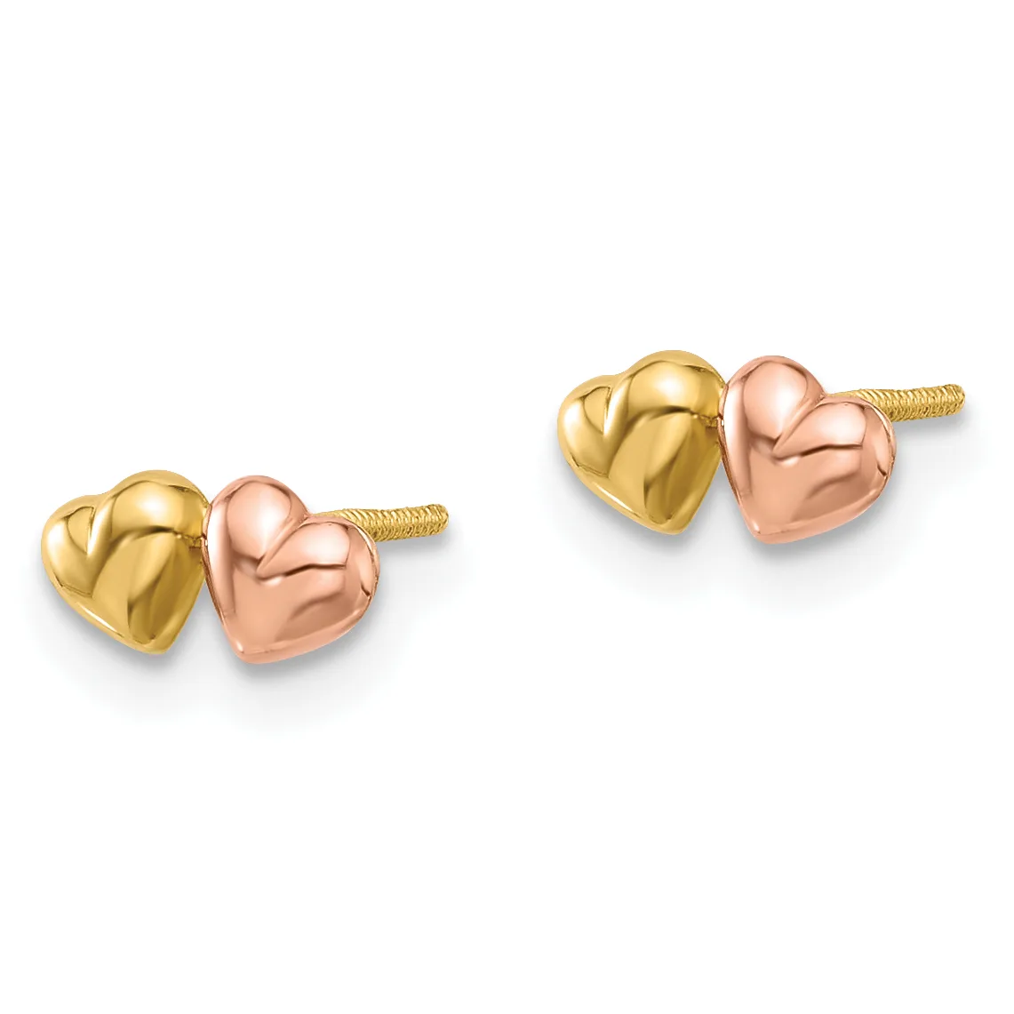 Pair of two-tone stud earrings featuring small puffy heart shapes in yellow and rose gold with screw-back posts.