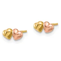 Pair of two-tone stud earrings featuring small puffy heart shapes in yellow and rose gold with screw-back posts.