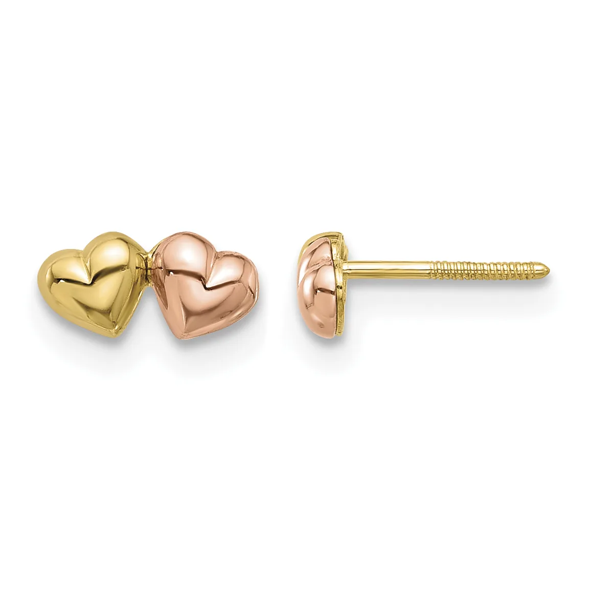 Two-tone gold stud earrings featuring paired hearts in yellow and rose gold with screw-back posts, shown from front and side views.