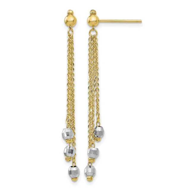 Pair of gold stud earrings with long chain drops featuring silver-toned cube beads, shown from the front.