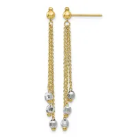 Pair of gold stud earrings with long chain drops featuring silver-toned cube beads, shown from the front.