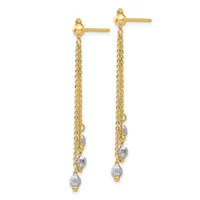 Pair of gold stud earrings with long chain drops featuring small silver-tone cube charms suspended at intervals.