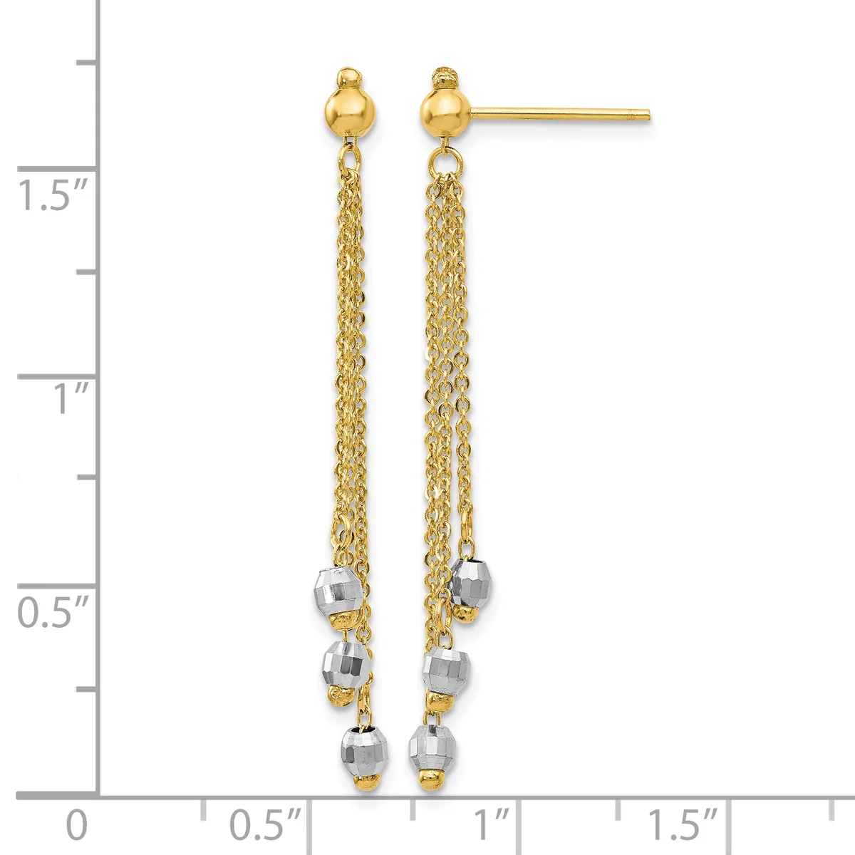 Pair of gold-toned drop earrings with ball studs and dangling chains ending in small silver-toned cube beads, shown against a measurement scale indicating approximately 1.25 inches in length.