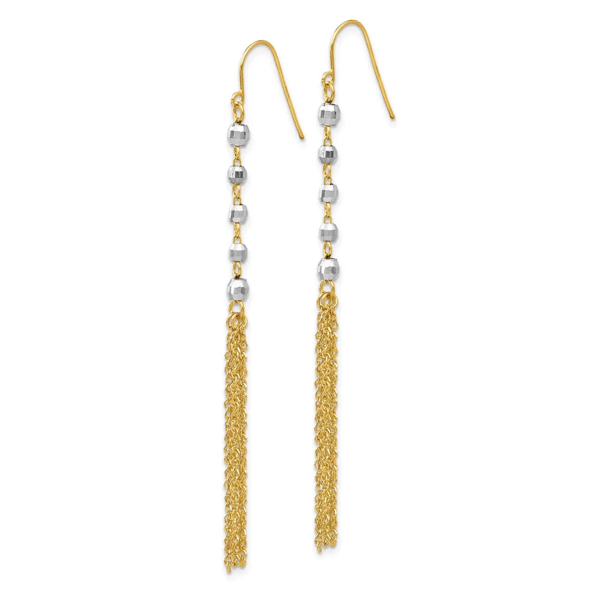 Two-tone dangle earrings with gold fish hook wires, silver-tone beads stacked along the upper portion, and gold chain tassels hanging below.