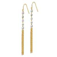 Two-tone dangle earrings with gold fish hook wires, silver-tone beads stacked along the upper portion, and gold chain tassels hanging below.