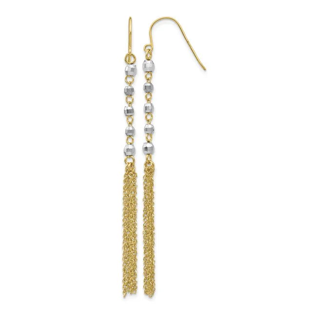 Pair of gold-tone earrings with alternating round silver and gold beads suspended above delicate gold chain tassels, shown against a white background.