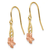 Pair of gold and rose gold drop earrings with filigree details and flower-shaped charms, shown against a white background.