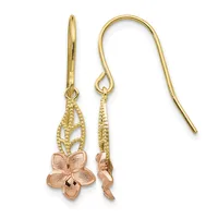 Pair of gold drop earrings with filigree teardrop tops and rose gold flower charms hanging from fish hook wires.