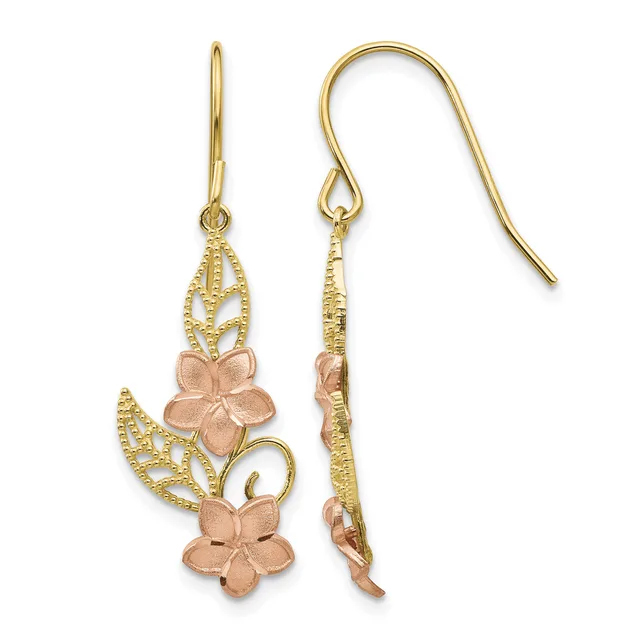 Pair of gold dangle earrings with filigree leaf designs and rose gold flower charms, shown from front and back views.
