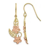 Pair of gold dangle earrings with filigree leaf designs and rose gold flower charms, shown from front and back views.