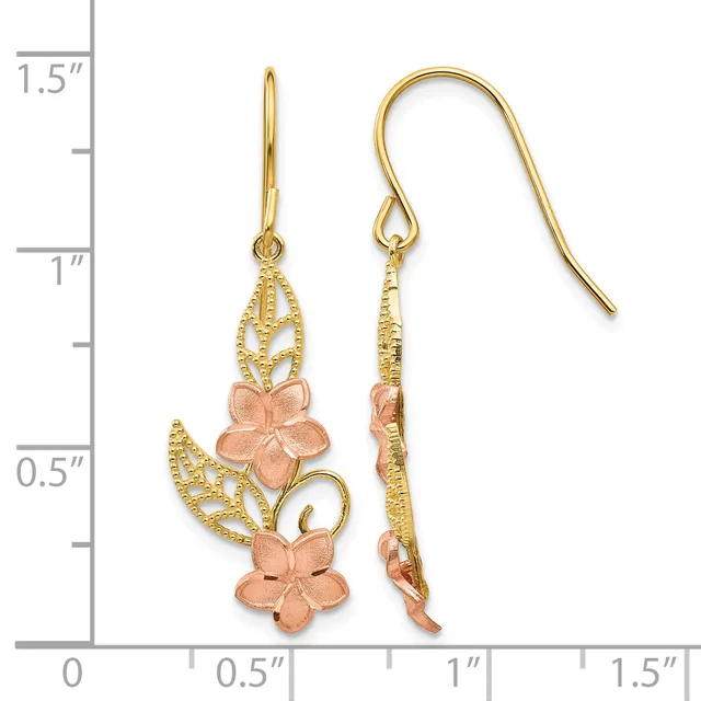 Gold-toned dangle earrings with textured leaf designs and rose-gold flower charms, shown next to a measurement ruler indicating approximately 1.5 inches in length.