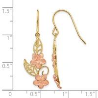 Gold-toned dangle earrings with textured leaf designs and rose-gold flower charms, shown next to a measurement ruler indicating approximately 1.5 inches in length.