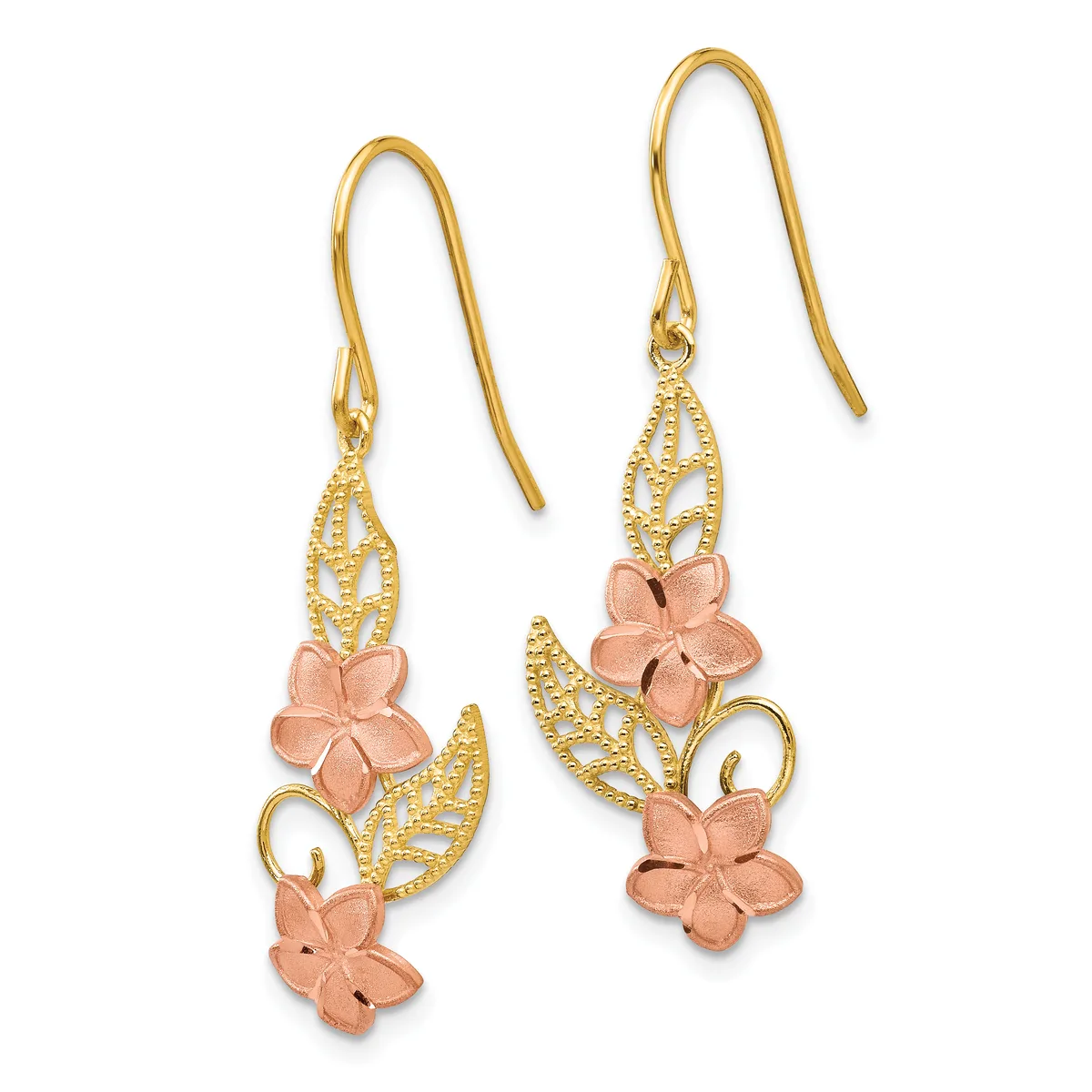 Pair of gold-toned drop earrings with filigree leaf designs and rose-gold flowers, suspended from curved ear wires.