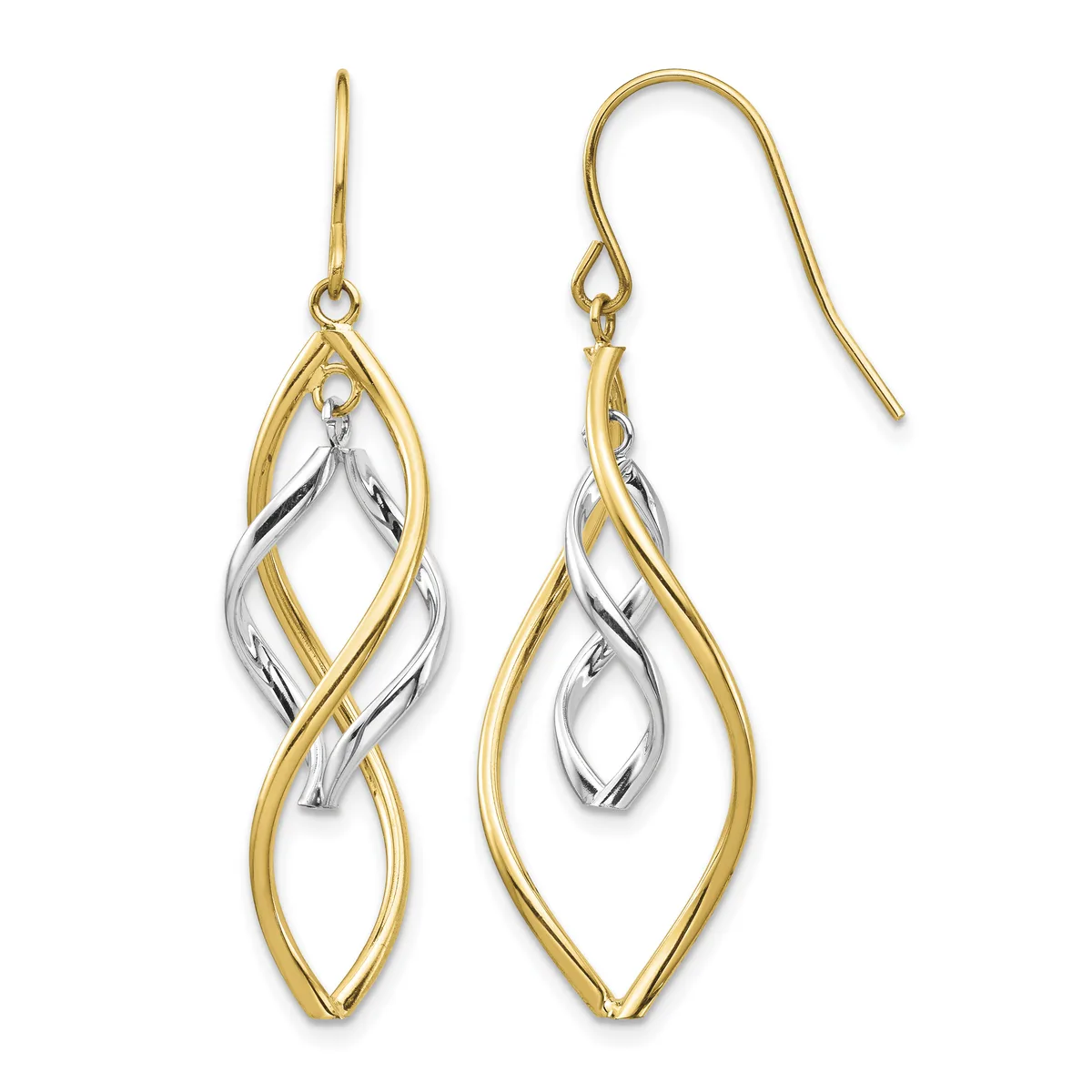 Pair of two-tone gold and silver twisted teardrop dangle earrings with fish hook closures.