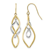 Pair of two-tone gold and silver twisted teardrop dangle earrings with fish hook closures.