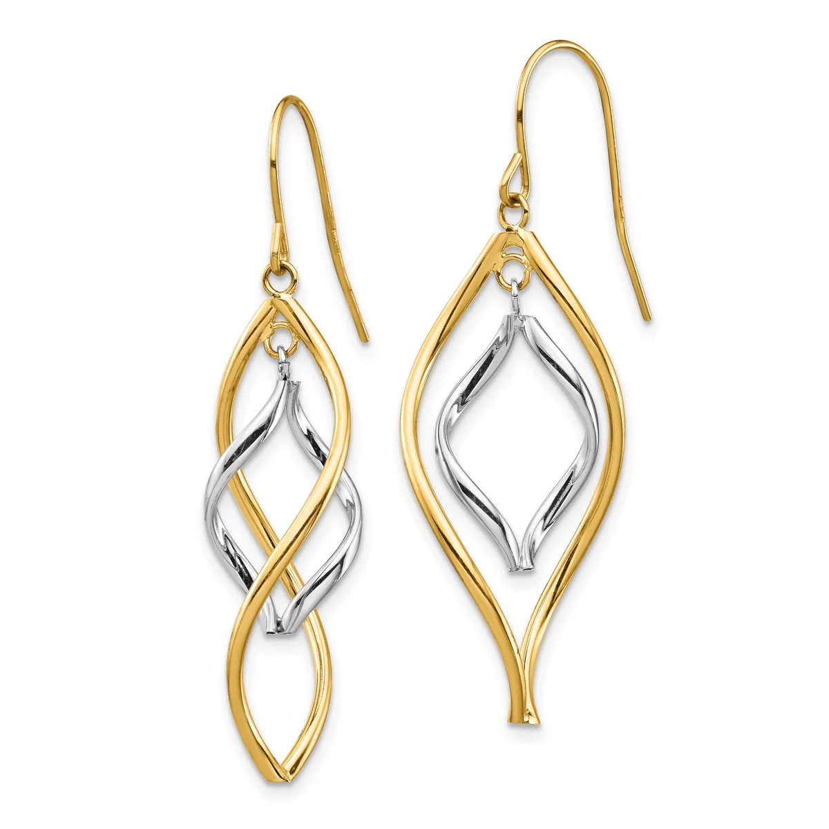 A pair of two-tone gold and silver drop earrings with interlocking twisted leaf-shaped designs and fish hook ear wires.