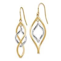 A pair of two-tone gold and silver drop earrings with interlocking twisted leaf-shaped designs and fish hook ear wires.